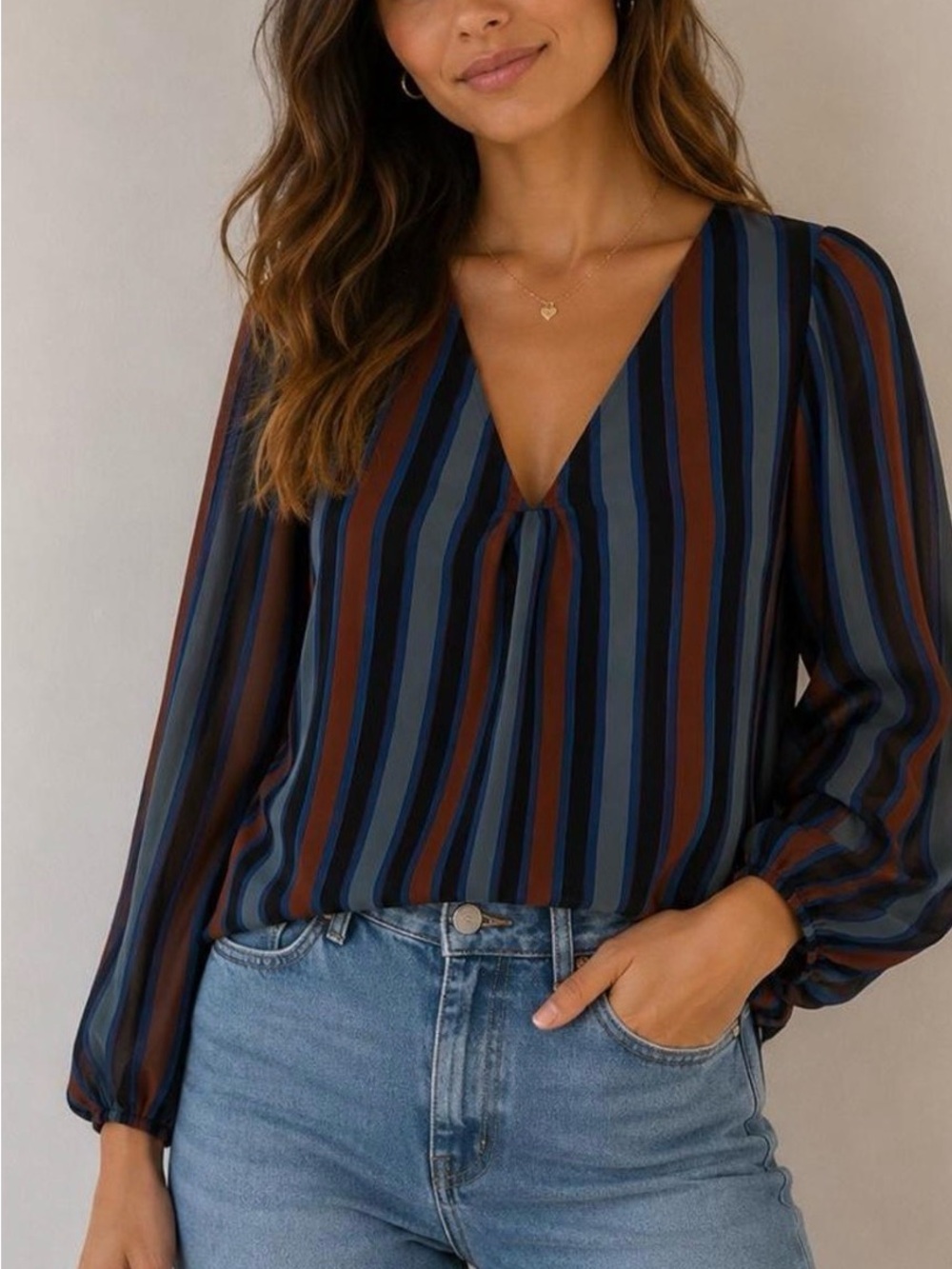 Madewell Navy, Brown & Charcoal Striped V-Neck Blouse